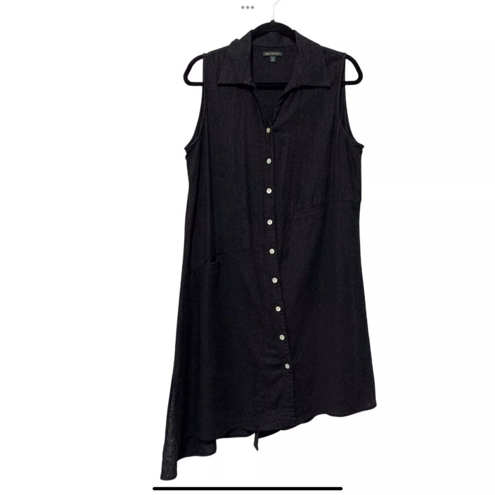 For Cynthia M Linen Blend Sleeveless Button Up Dress Asymmetrical Button Detail